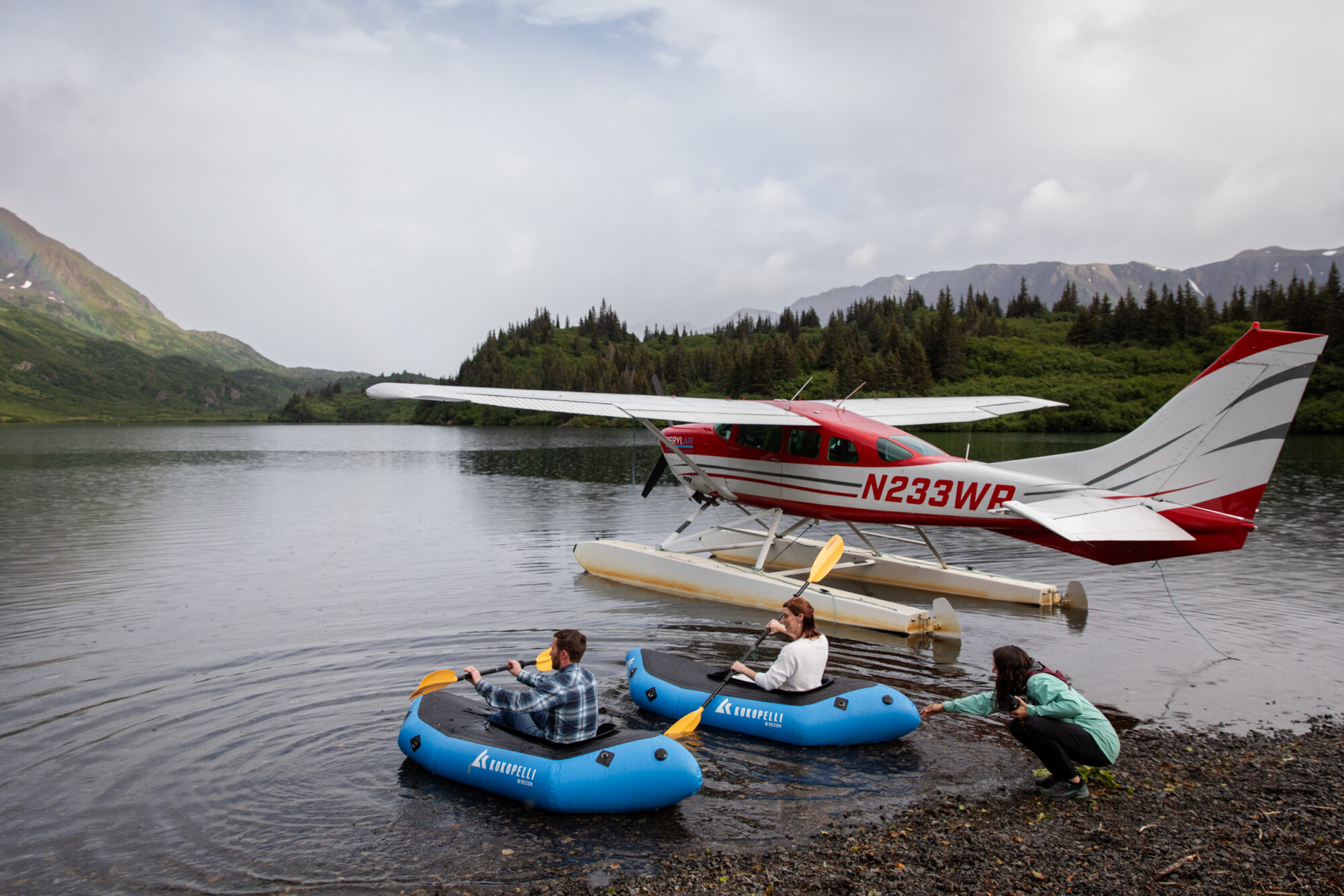 floatplane access and packrafting adventure during a Homer Alaska elopement at a remote alpine lake near Kachemak Bay State Park