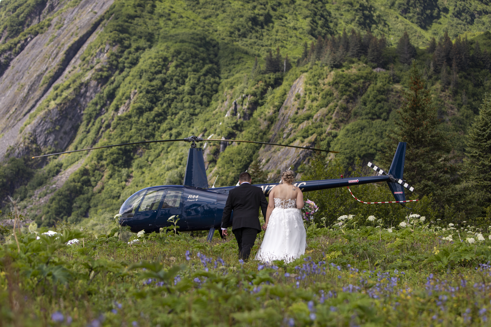 A bride and groom walk hand in hand towards a helicopter after eloping in Alaska.