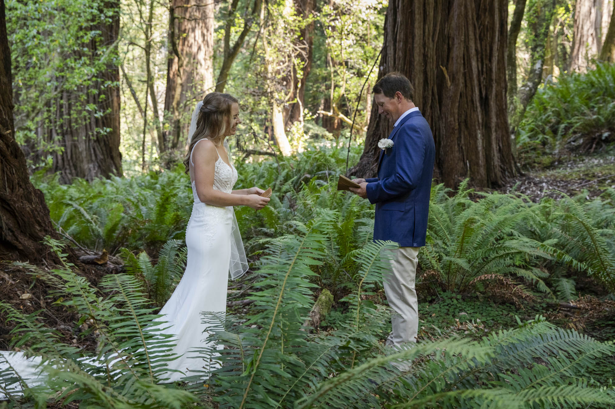 A bride and groom exchange vows in a lush forest on their California Redwoods wedding day.