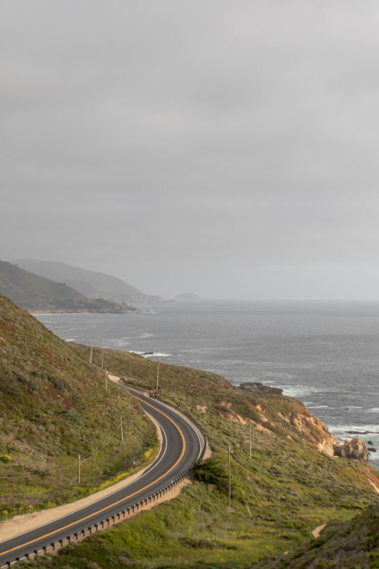 A photograph of a road winding along the cliffs in Big Sur, California.