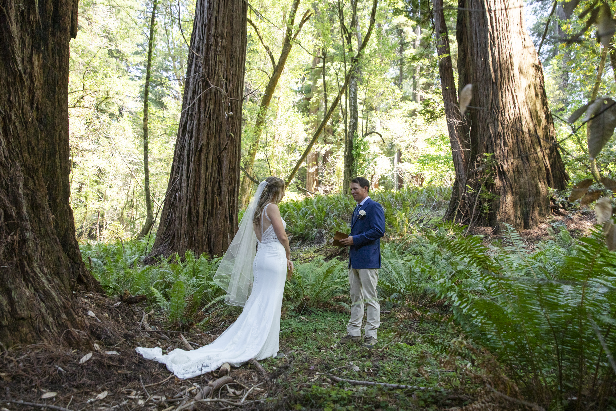 A bride in a white dress and veil stands facing her groom, who is wearing a blue suit jacket as they read their vows to each other surrounded by tall trees on their forest elopement day.