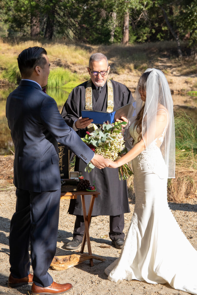 A bride and groom stand holding hands as their officiant reads from a folder.