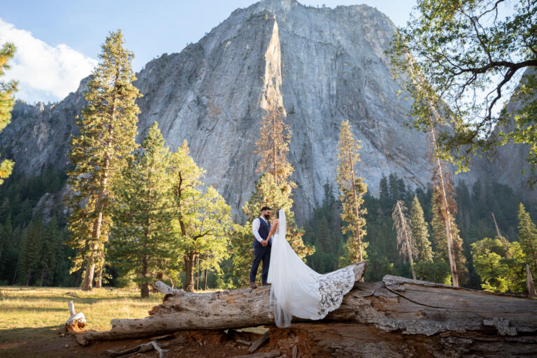 A bride and groom stand on a downed log in El Capitan Meadow on their Yosemite elopement day.